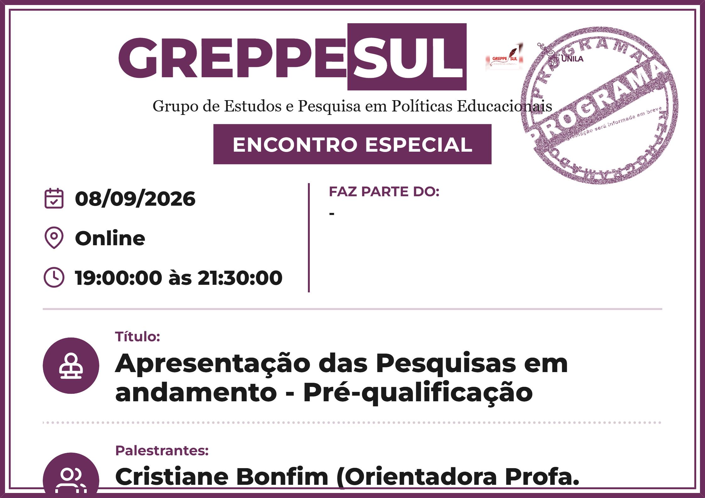 Apresentação das Pesquisas em andamento - Pré-qualificação