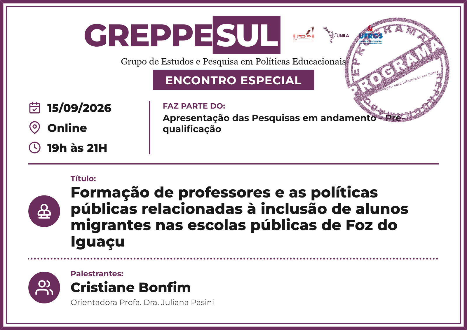Apresentação das Pesquisas em andamento - Pré-qualificação